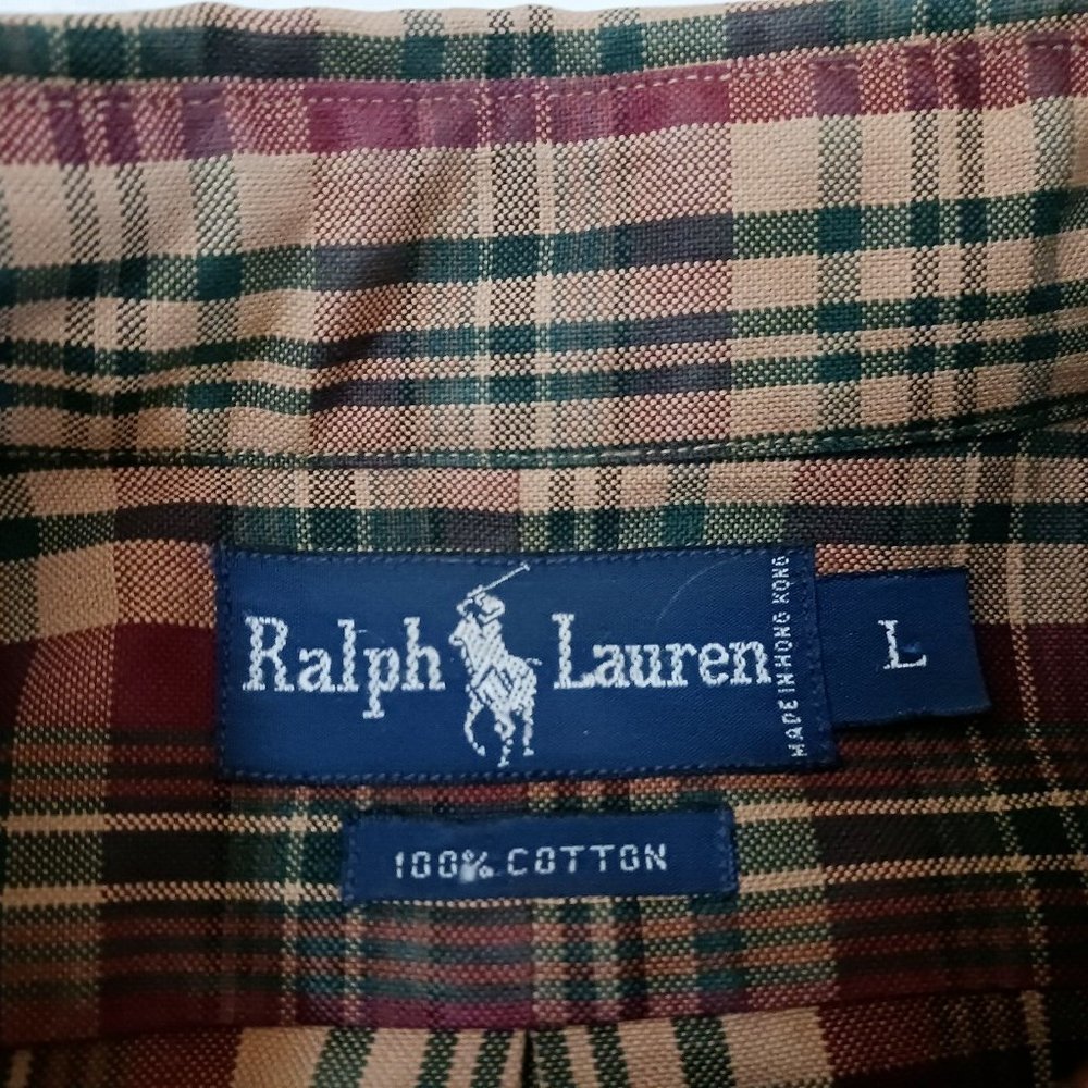 Vintage Ralph Lauren‎ Plaid Button Front Oxford Shirt Size L Large Tan Red Green - Picture 4 of 5
